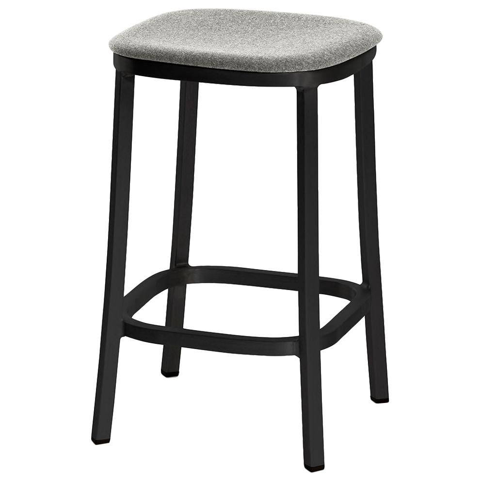 Emeco 1 Inch Counterstool with Grey Upholstery & Black Legs by Jasper Morrison For Sale