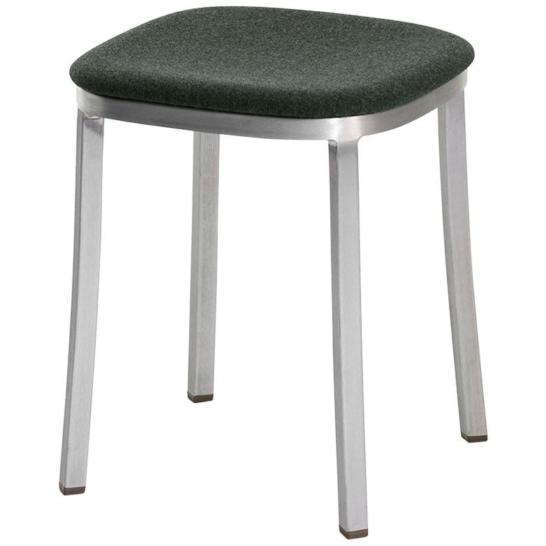 Emeco 1 Inch Small Stool with Aluminum Legs & Green Fabric by Jasper Morrison