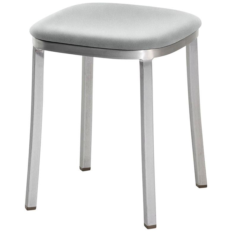 Emeco 1 Inch Small Stool with Aluminum Legs & Grey Upholstery by Jasper Morrison
