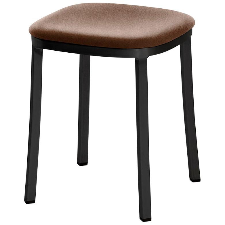 Emeco 1 Inch Small Stool with Black Legs & Brown Upholstery by Jasper Morrison