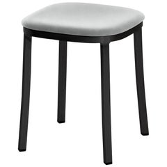 Emeco 1 Inch Small Stool with Black Legs & Grey Upholstery by Jasper Morrison
