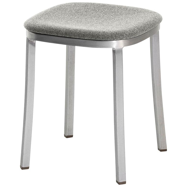 Emeco 1 Inch Small Stool with Grey Upholstery & Aluminum Legs by Jasper Morrison