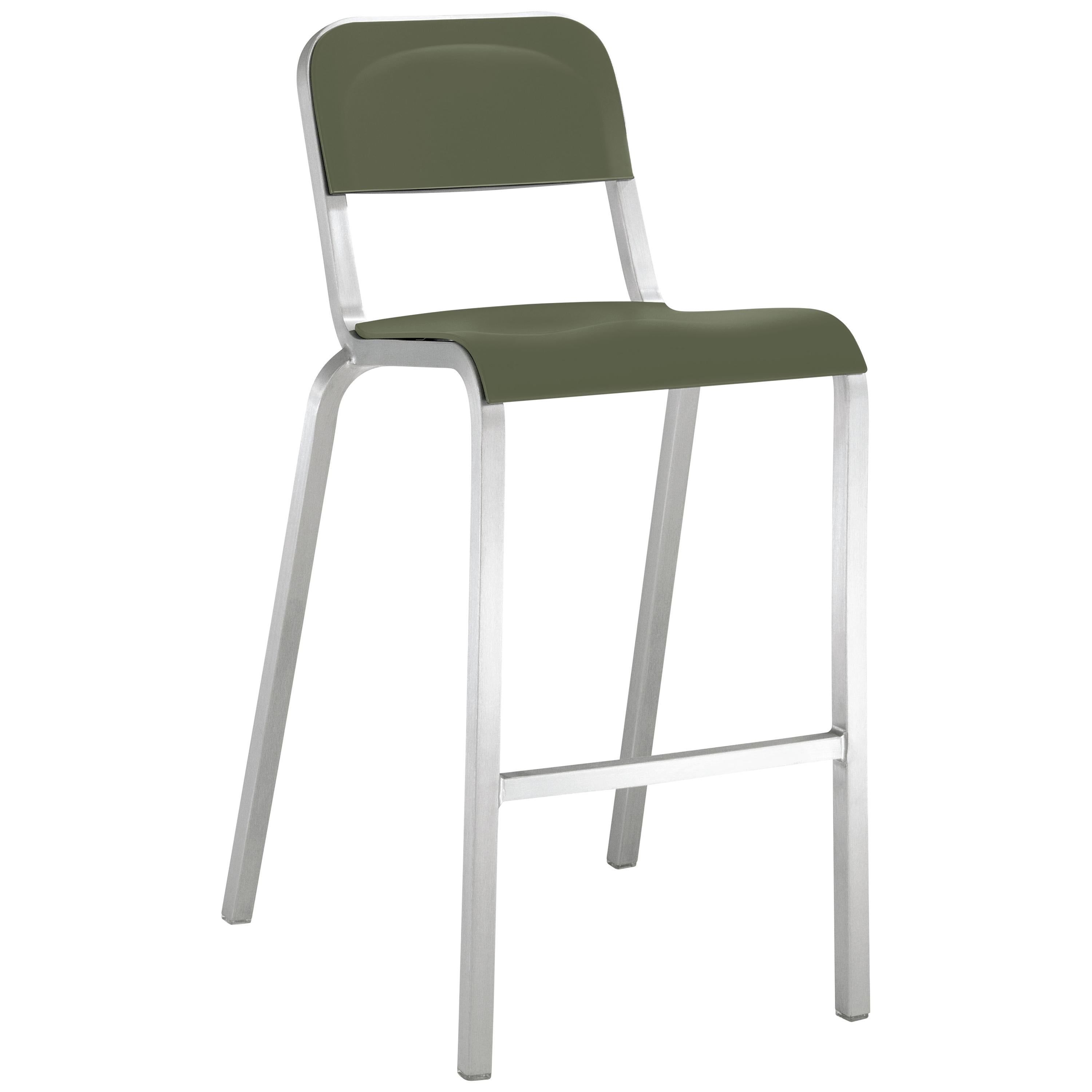 Emeco 1951 Aluminum Barstool with Cypress Green Seat by Adrian Van Hooydonk For Sale