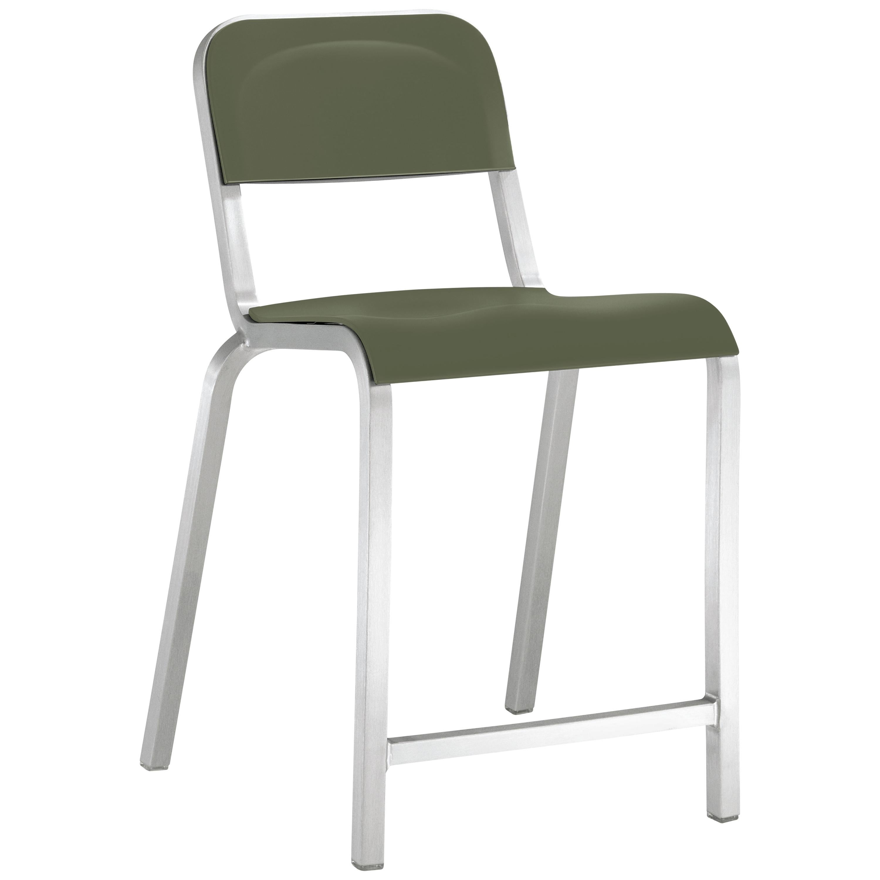 Emeco 1951 Aluminum Counter Stool with Cypress Green Seat by Adrian Van Hooydonk For Sale