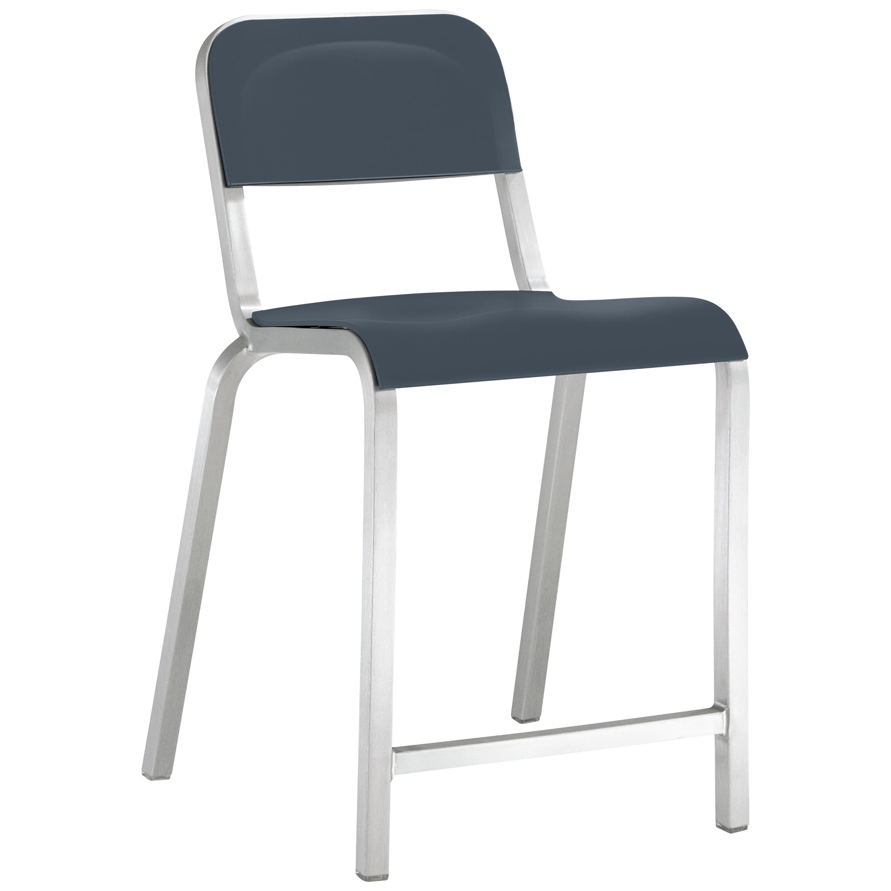 Emeco 1951 Aluminum Counter Stool with Dark Blue Seat by Adrian Van Hooydonk For Sale