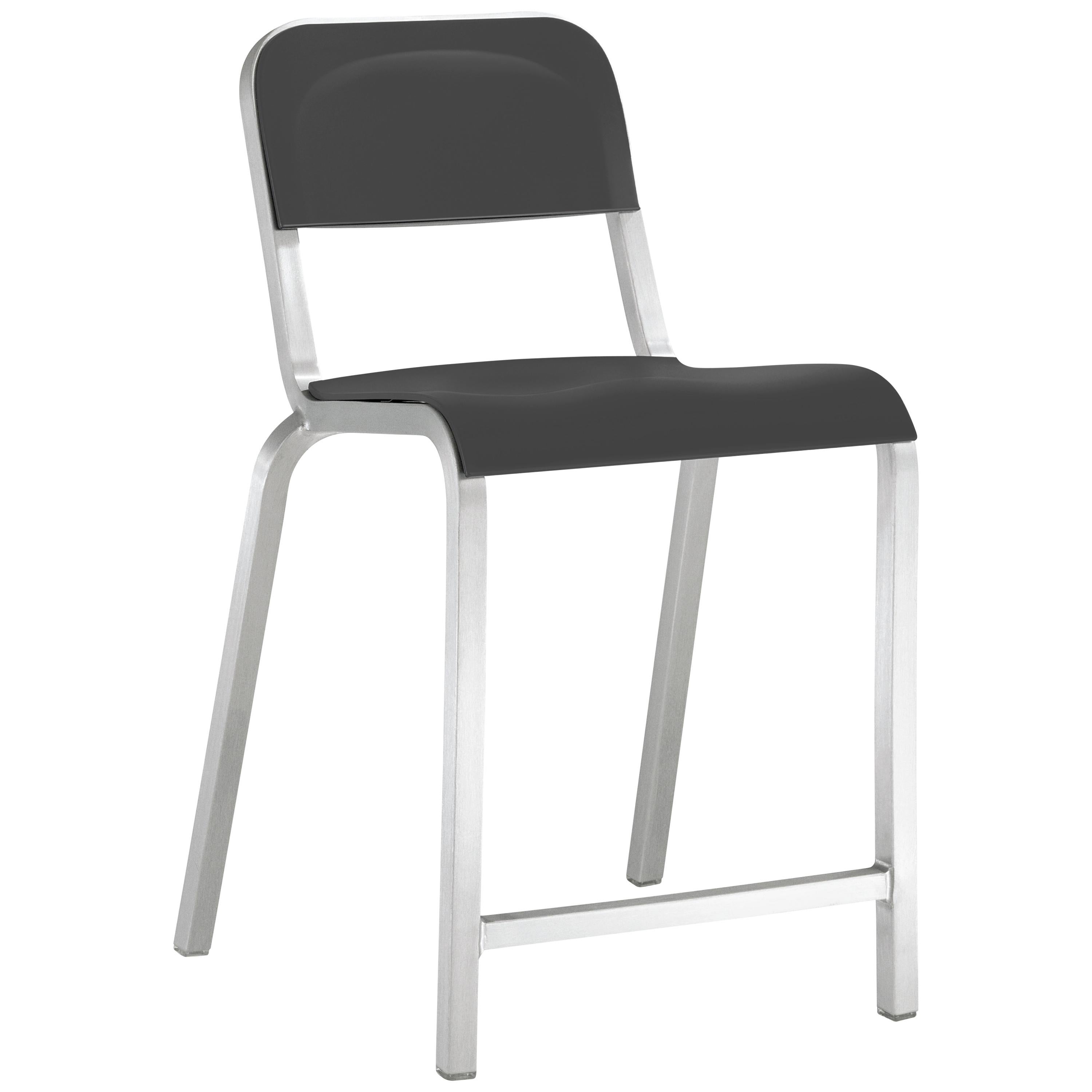 Emeco 1951 Aluminum Counter Stool with Lava Black Seat by Adrian Van Hooydonk For Sale
