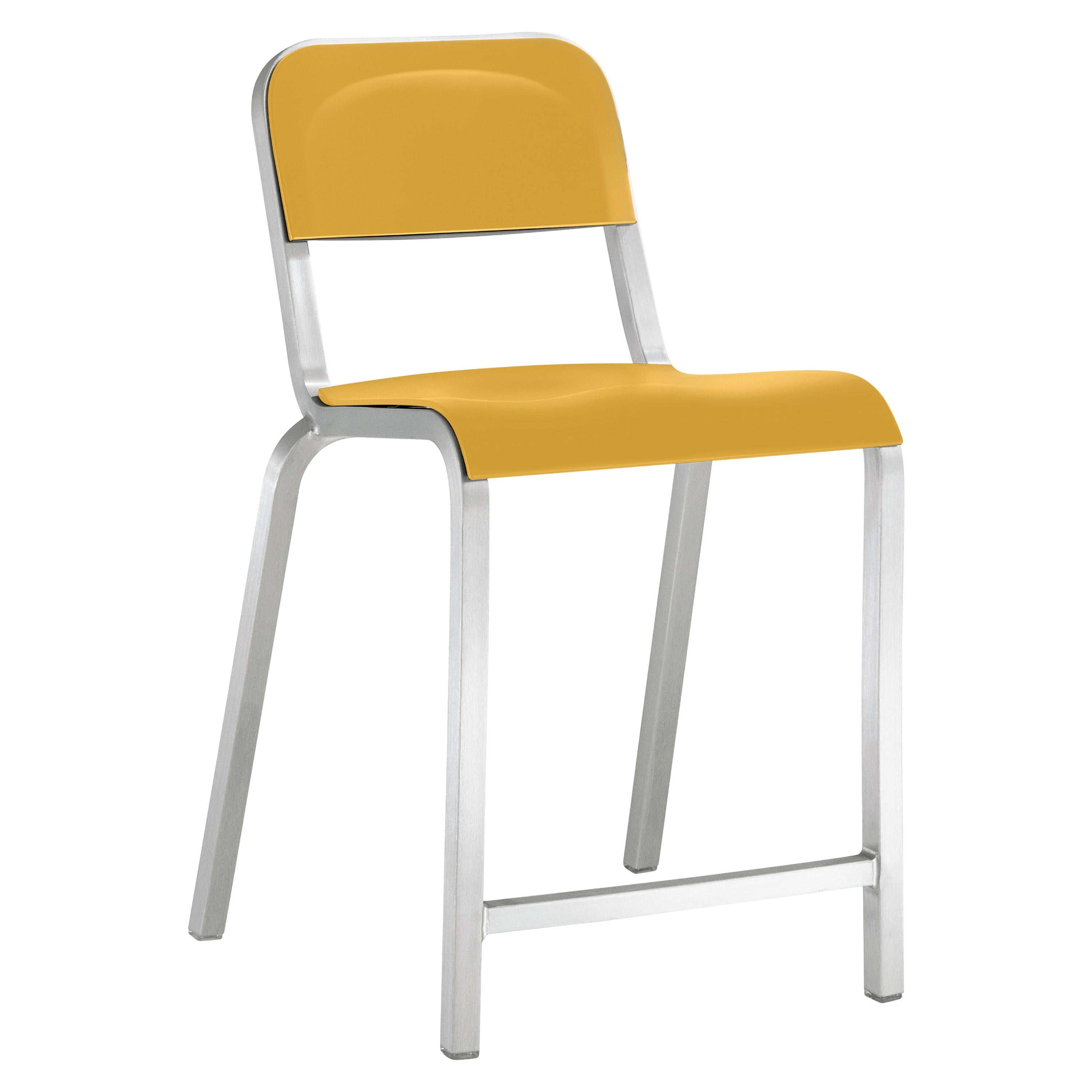 Emeco 1951 Aluminum Counter Stool with Yellow Seat by Adrian Van Hooydonk For Sale