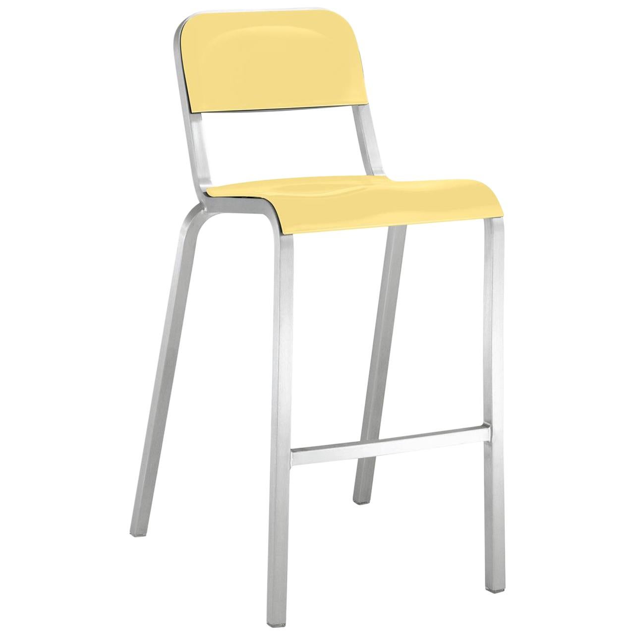 Emeco 1951 Barstool in Brushed Aluminum and Yellow by Adrian Van Hooydonk