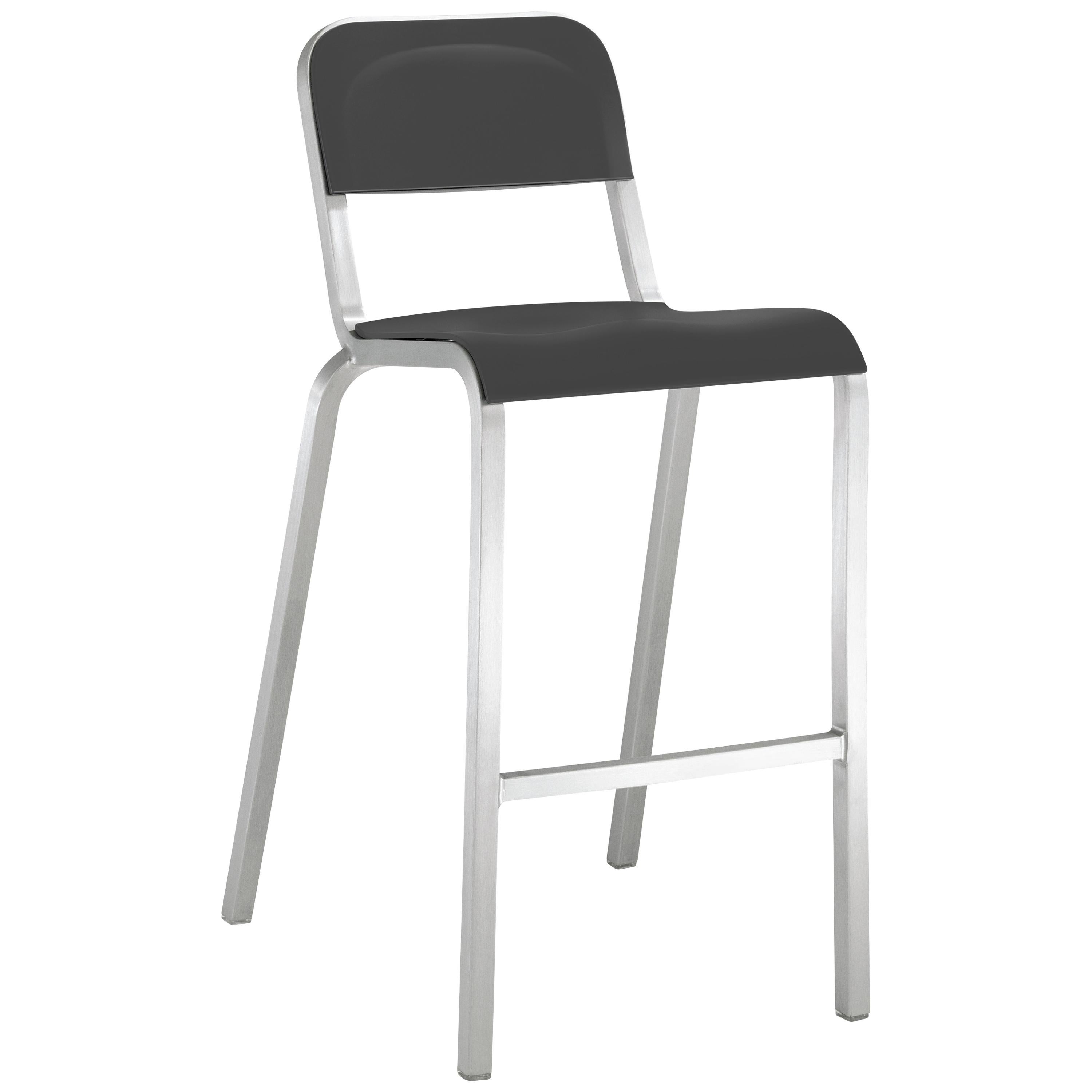 Emeco 1951 Barstool with Aluminum Frame & Lava Black Seat by Adrian Van Hooydonk