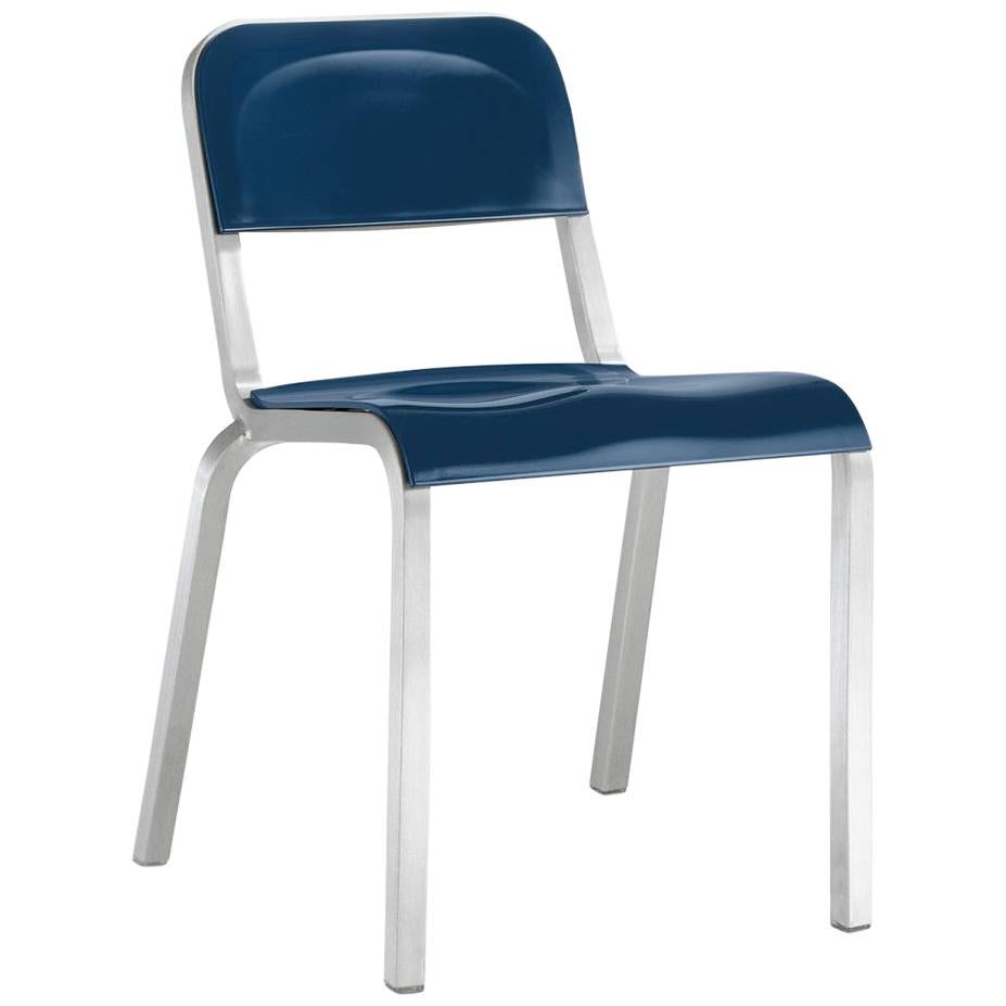 Emeco 1951 Stacking Chair in Brushed Aluminum and Blue by Adrian Van Hooydonk