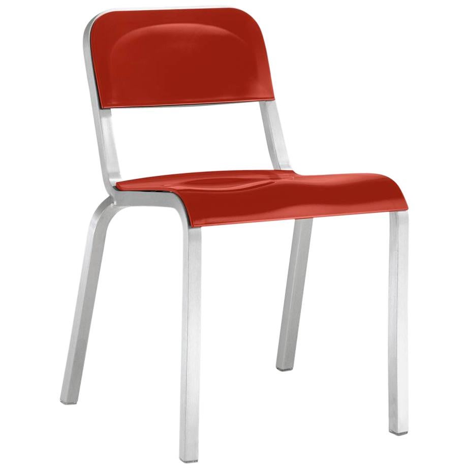 Emeco 1951 Stacking Chair in Brushed Aluminum and Red by Adrian Van Hooydonk