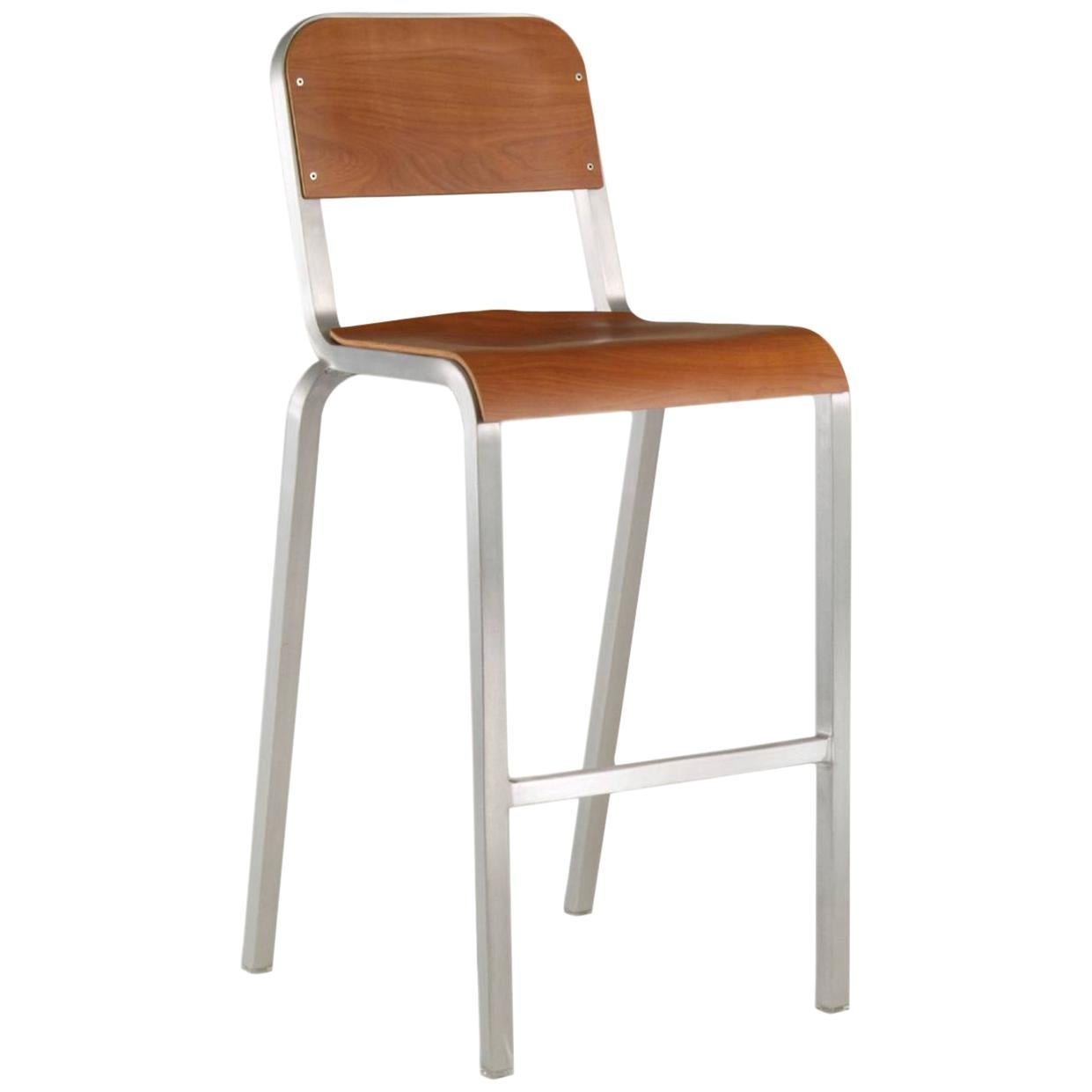 Emeco 1951™ Barstool in Brushed Aluminum & Mahogany by Adrian Van Hooydonk