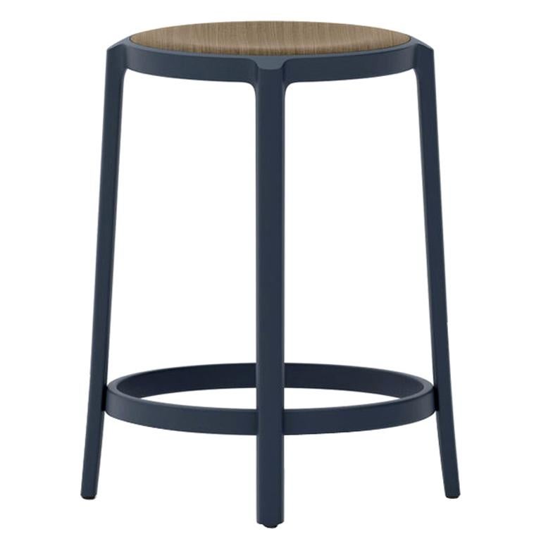 Emeco Dark Blue On & On Counter Stool with Walnut Plywood by Barber & Osgerby For Sale