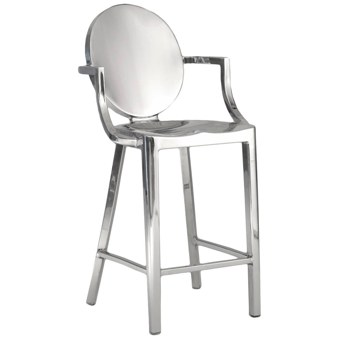 Emeco Tabouret de comptoir avec accoudoirs en aluminium brossé par Philippe Starck