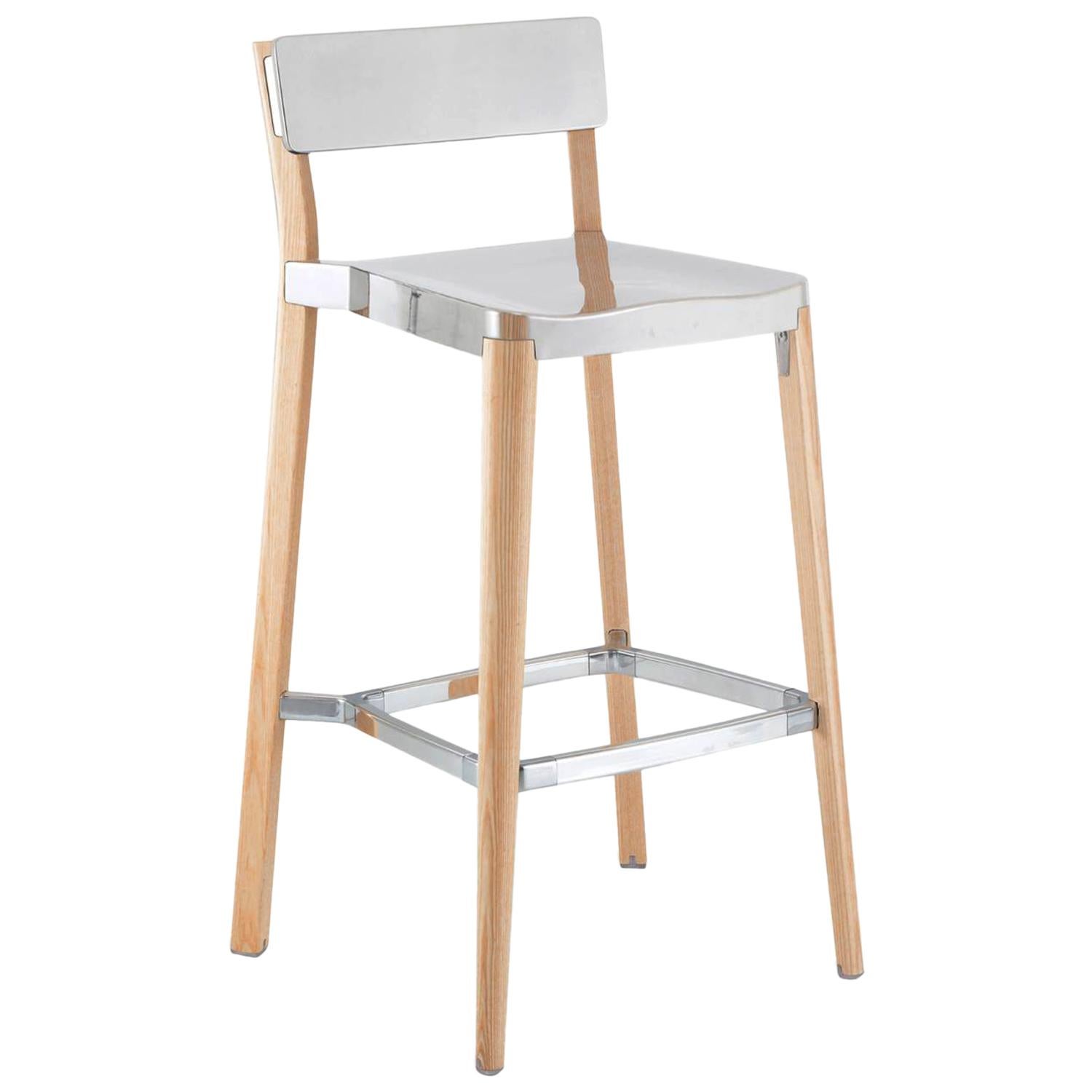 Emeco Lancaster Barstool in Polished Aluminum and Ash by Michael Young For Sale
