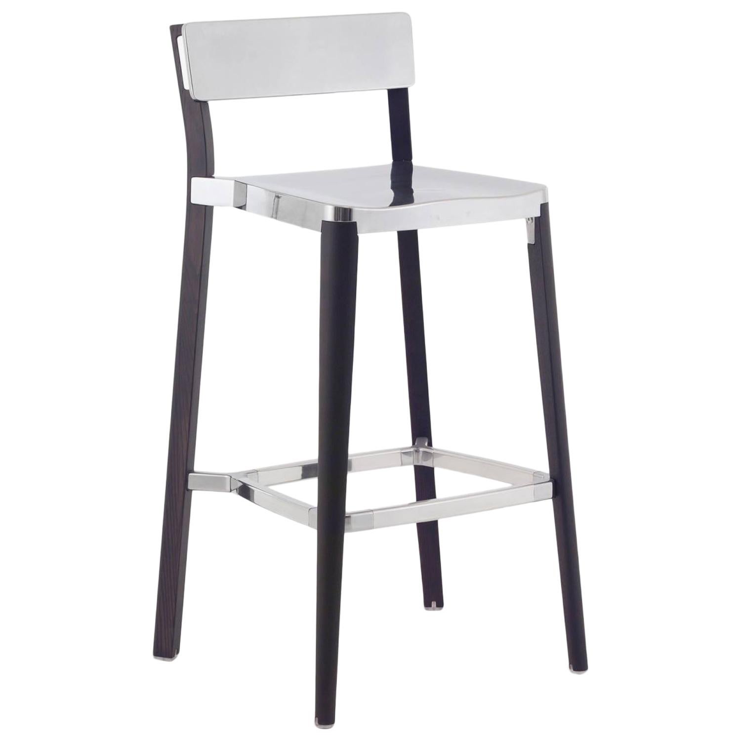 Emeco Lancaster Barstool in Polished Aluminum and Dark Ash by Michael Young For Sale