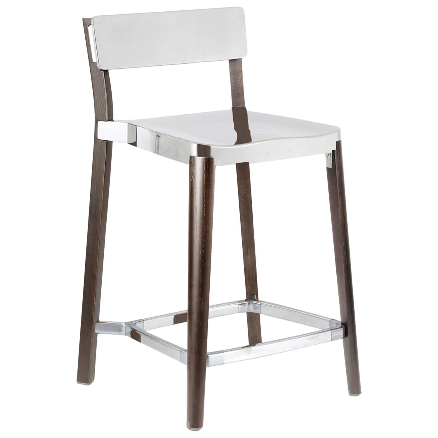 Emeco Lancaster Counter Stool in Polished Aluminum & Dark Ash by Michael Young 