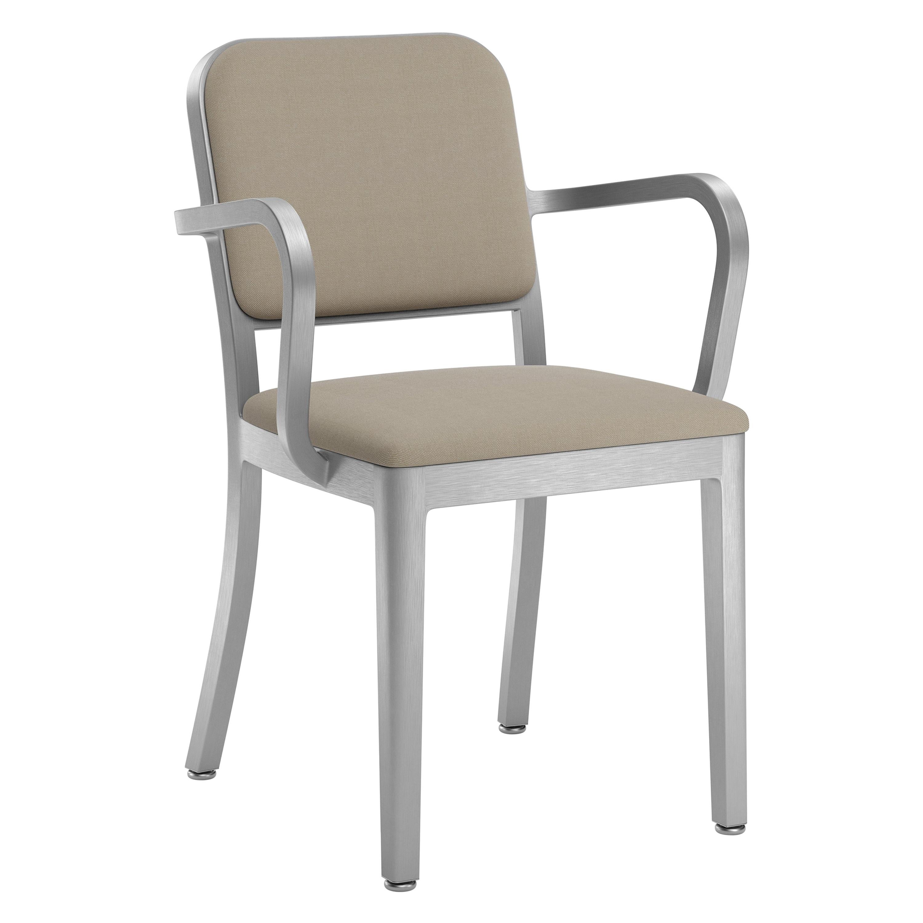 Emeco Navy Officer Armchair in Beige Fabric with Brushed Aluminum Frame For Sale