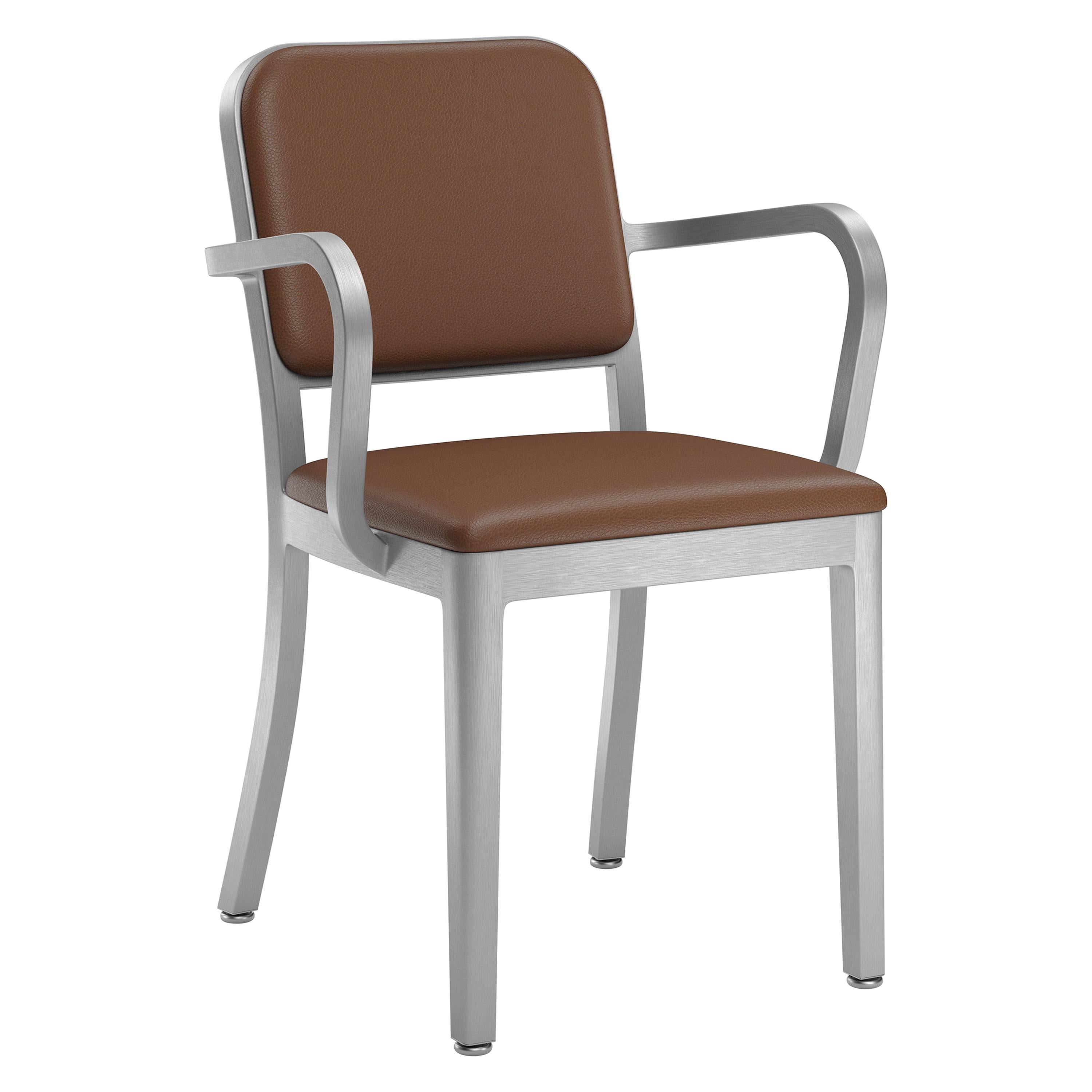 Emeco Navy Officer Armchair in Brown Leather with Brushed Aluminum Frame