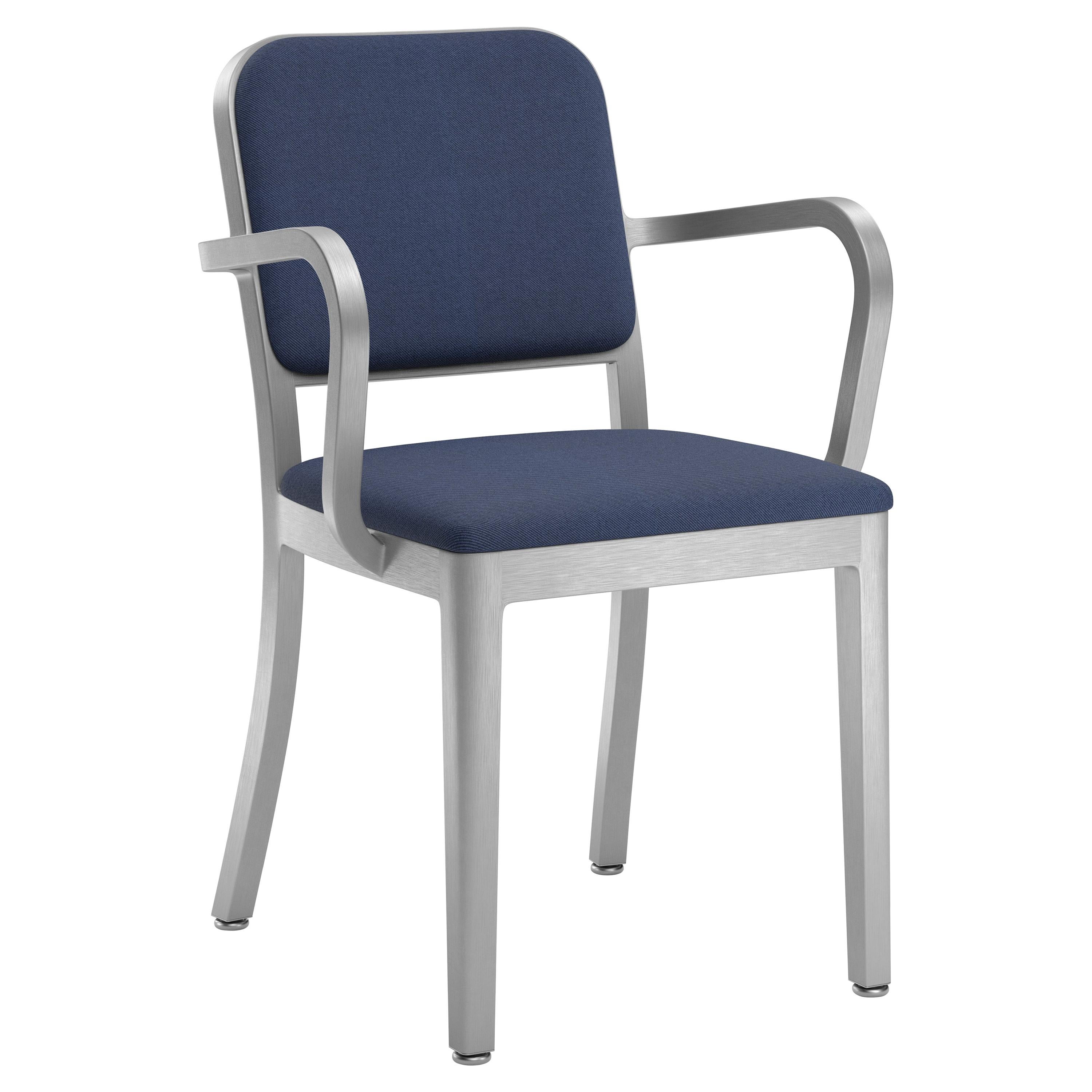 Emeco Navy Officer Armchair in Navy Blue Fabric with Aluminum Frame For Sale
