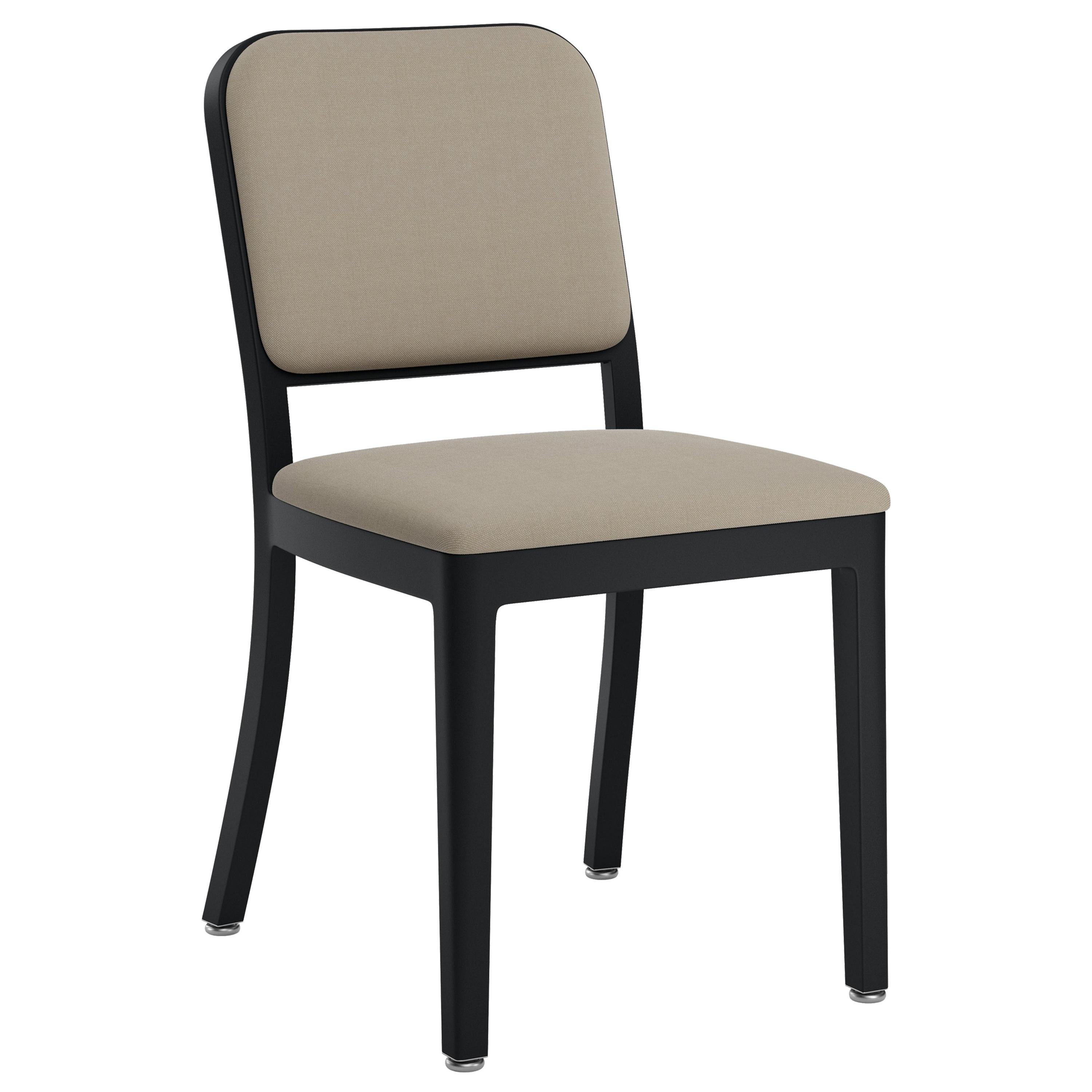 Emeco Navy Officer Side Chair in Beige Fabric with Black Powder Coated Frame
