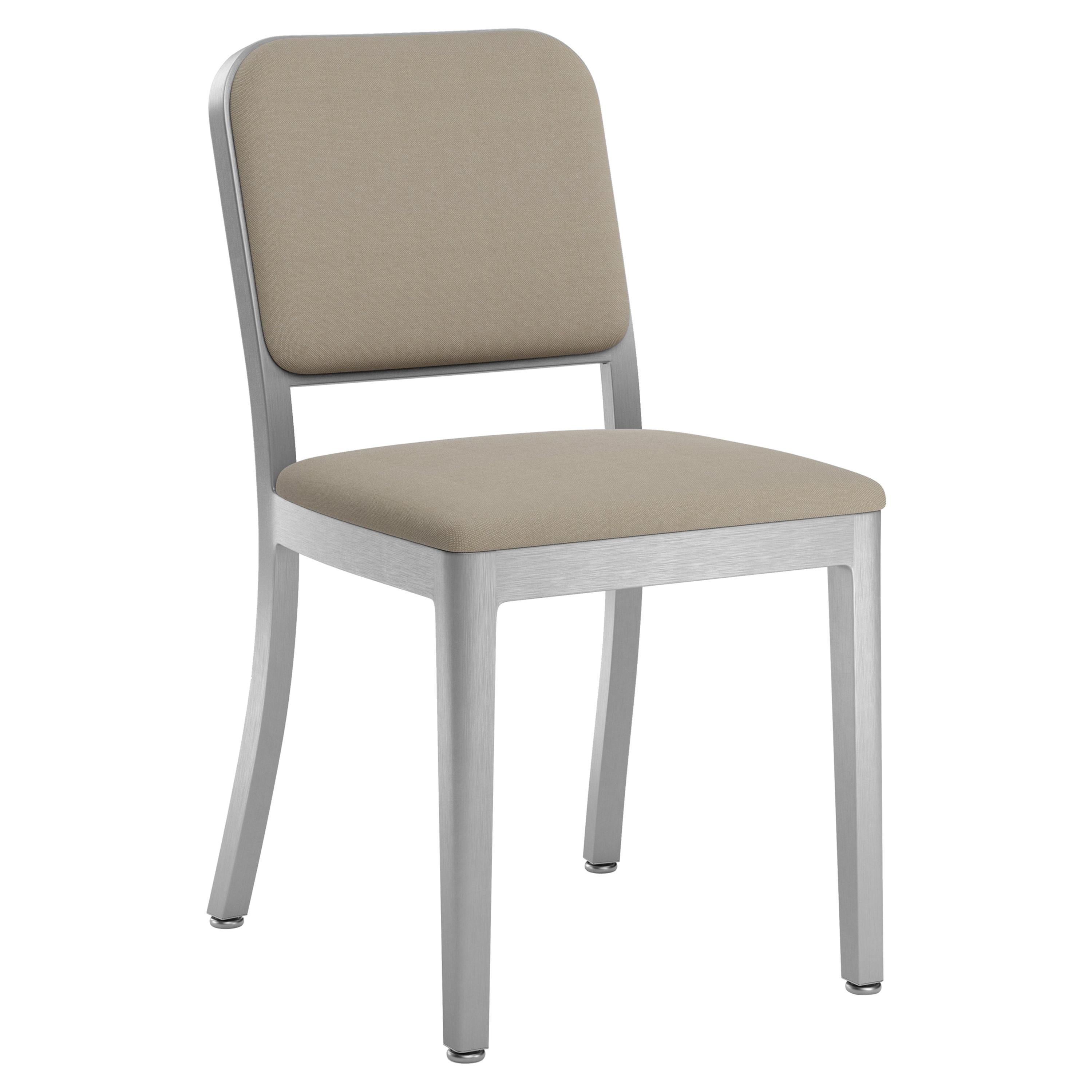 Emeco Navy Officer Side Chair in Beige Fabric with Brushed Aluminum Frame For Sale