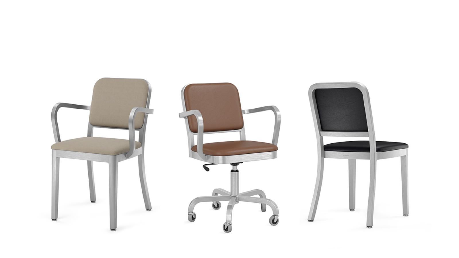 American Emeco Navy Officer Side Chair in Brown Leather with Brushed Aluminum Frame