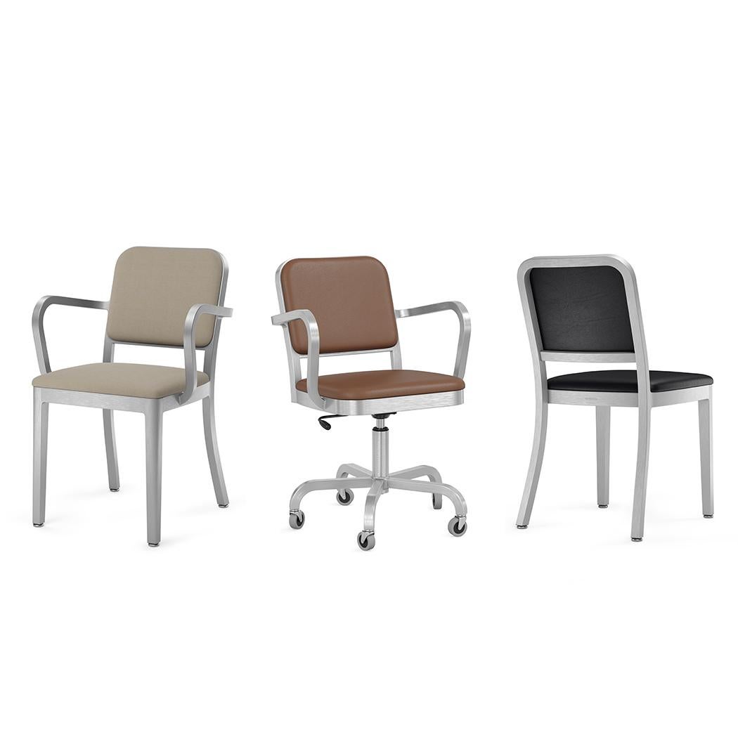 Anodized Emeco Navy Officer Side Chair in Brown Leather with Brushed Aluminum Frame