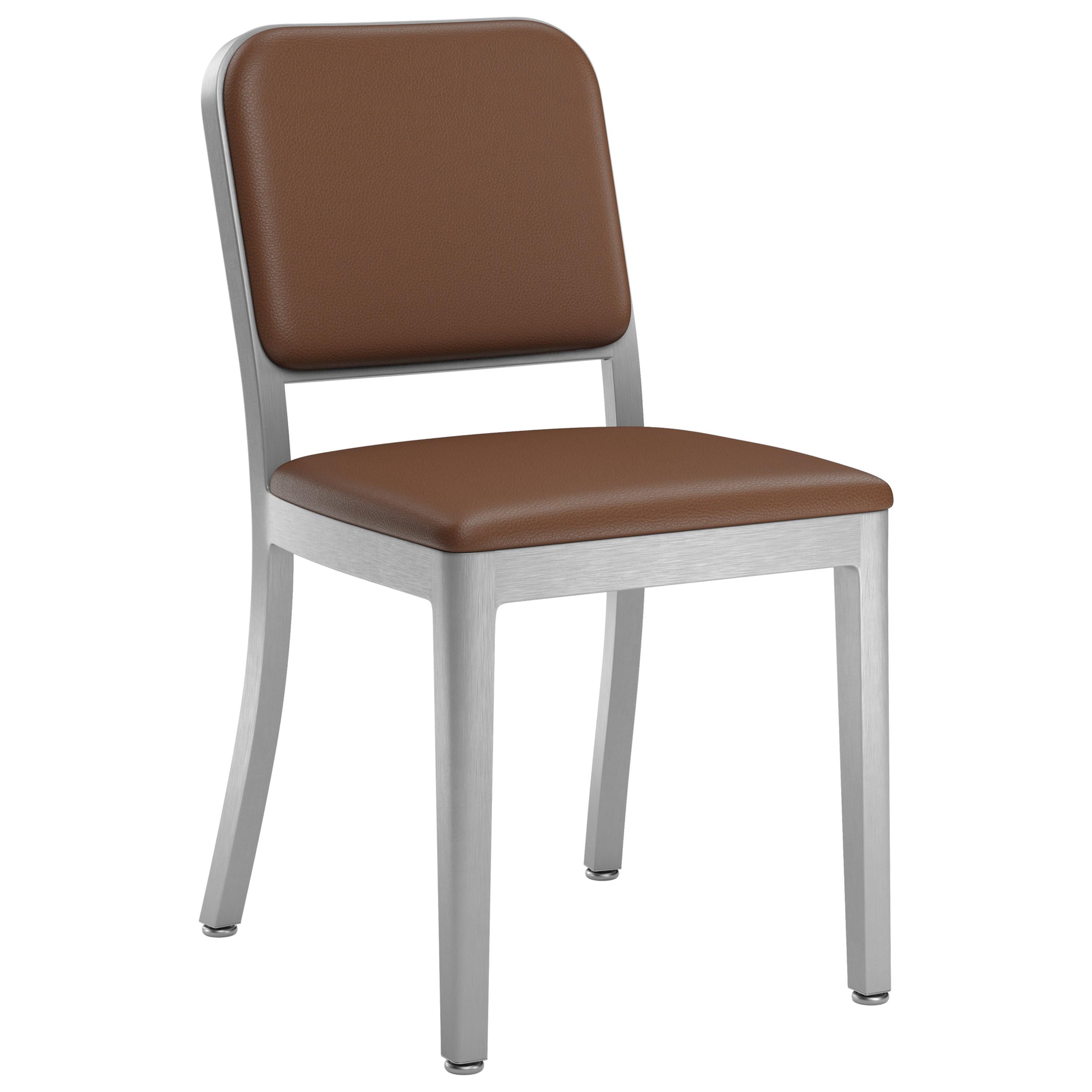 Emeco Navy Officer Side Chair in Brown Leather with Brushed Aluminum Frame