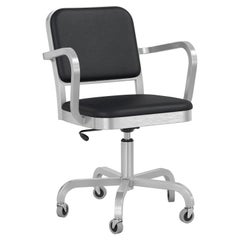 Emeco Navy Officer Swivel Armchair in Black Leather and Brushed Aluminum Frame