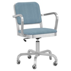 Emeco Navy Officer Swivel Armchair in Blue Fabric with Brushed Aluminum Frame