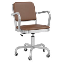 Emeco Navy Officer Swivel Armchair in Brown Leather and Brushed Aluminum Frame