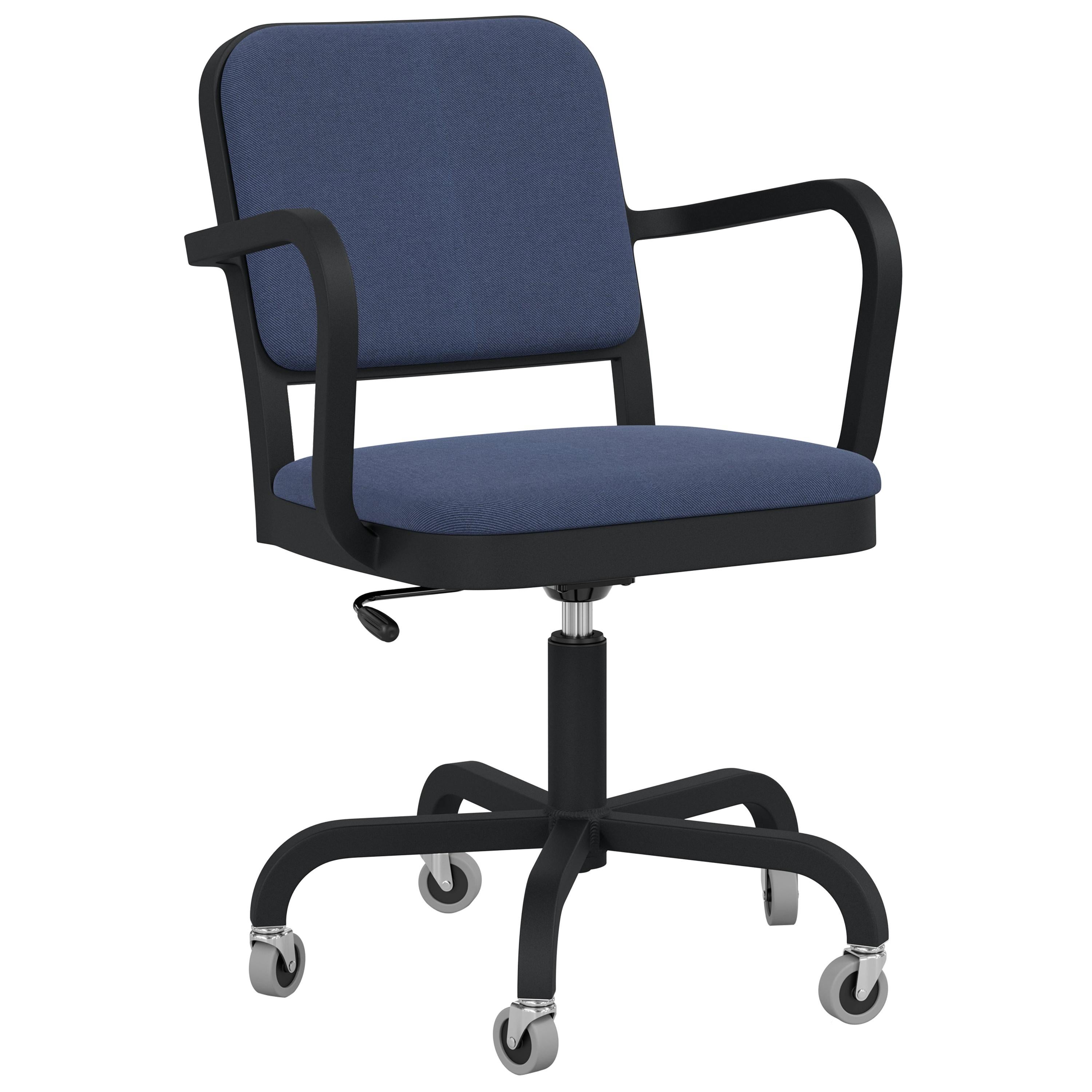 Emeco Navy Officer Swivel Armchair in Navy Blue Fabric with Black Aluminum Frame For Sale