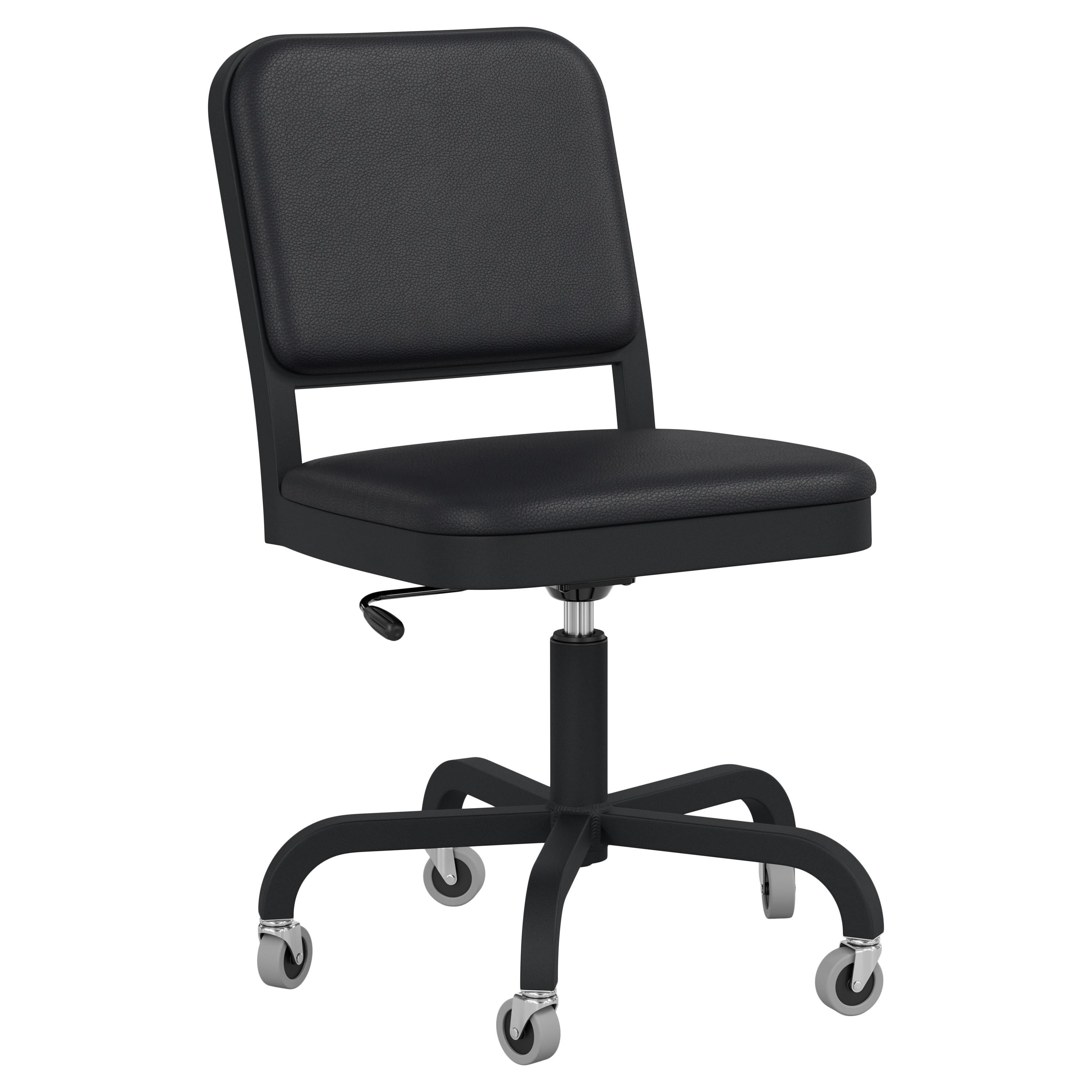 Emeco Navy Officer Swivel Chair in Black Leather and Black Aluminum Frame