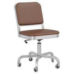 Emeco Navy Officer Swivel Chair in Brown Leather and Brushed Aluminum Frame