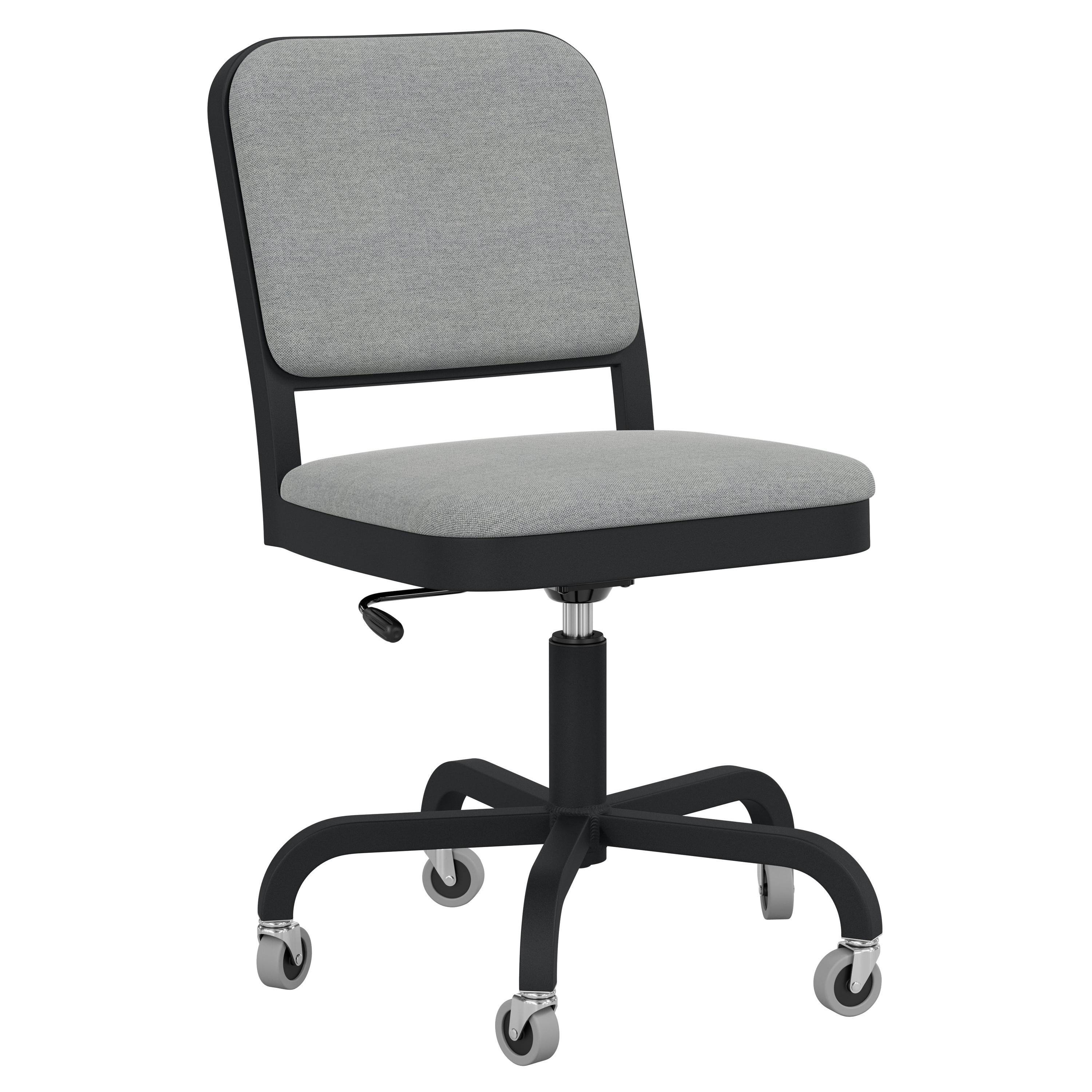 Emeco Navy Officer Swivel Chair in Grey Fabric with Black Powder Coated Frame For Sale