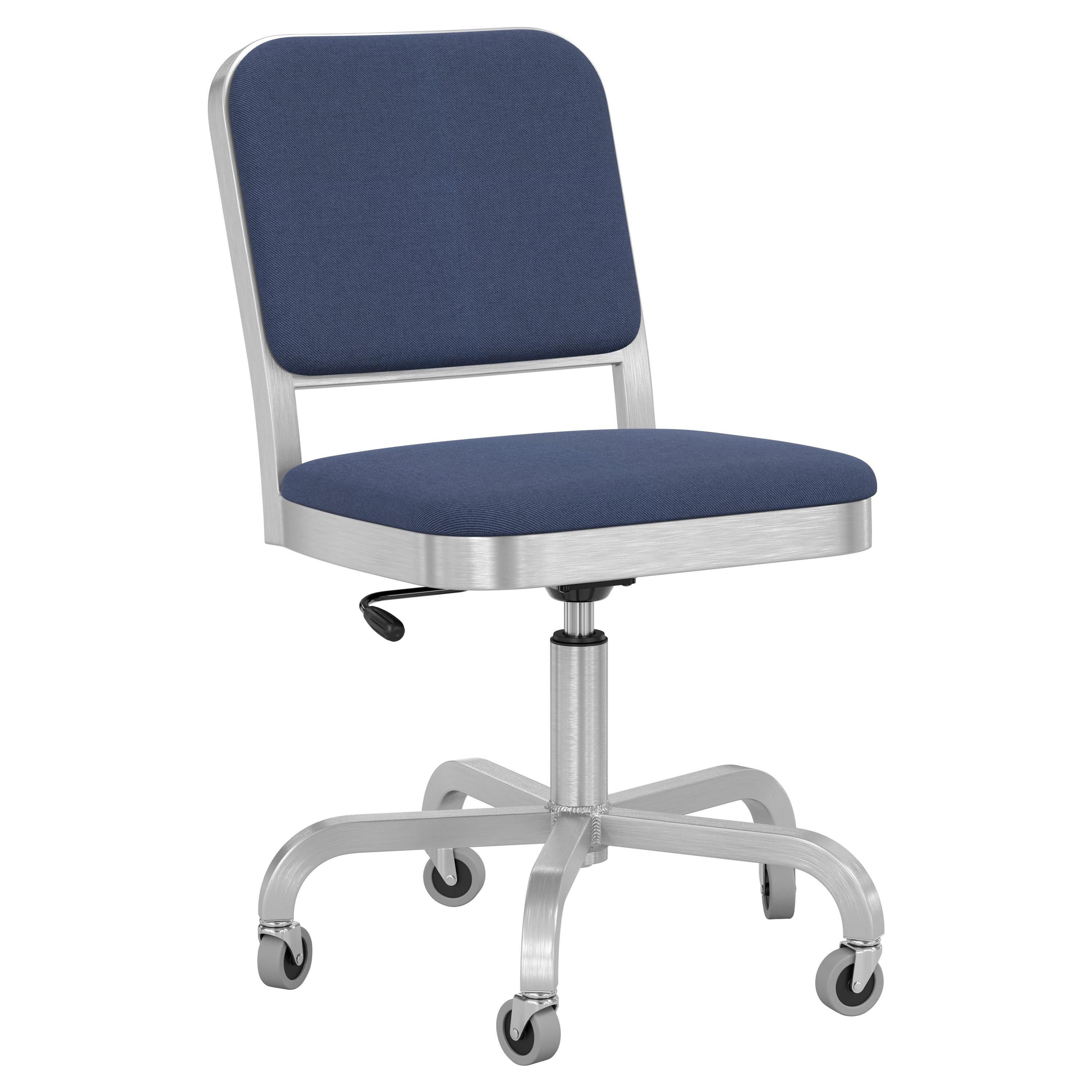 Emeco Navy Officer Swivel Chair in Navy Blue Fabric with Aluminum Frame For Sale