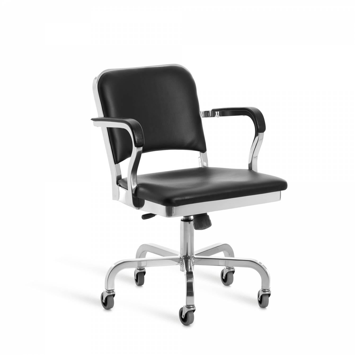 Emeco Navy Swivel Armchair in Brushed Aluminum and Black Upholstery by