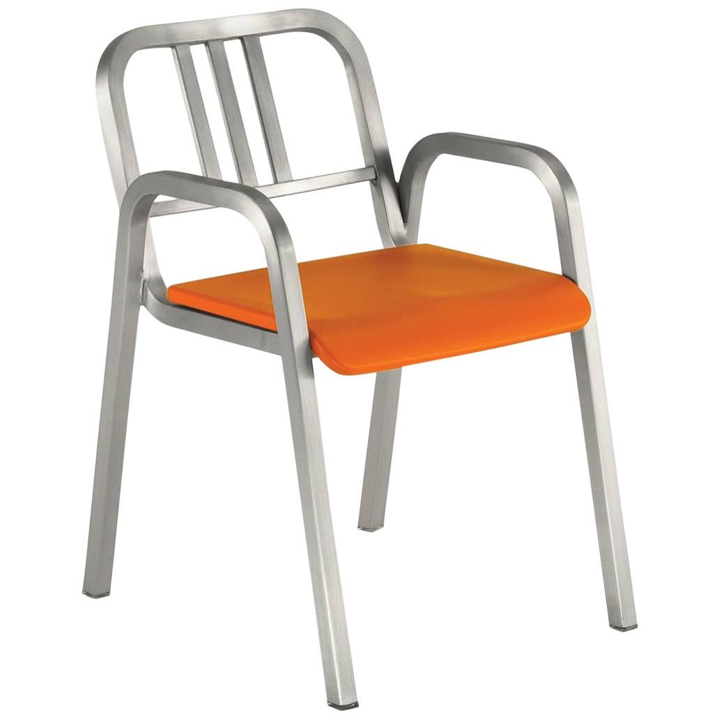 Emeco Nine-0 Armchair in Brushed Aluminum with Orange Seat by Ettore Sottsass