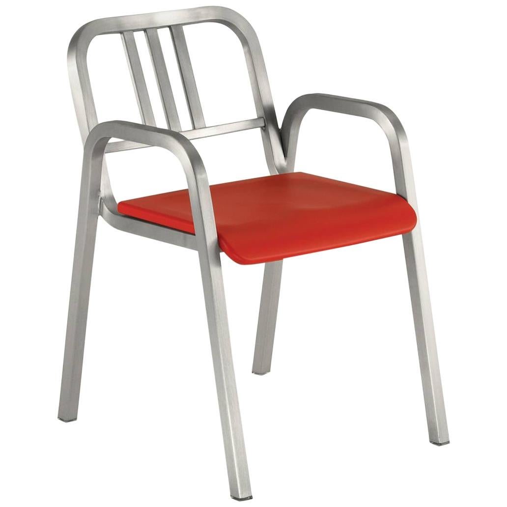 Emeco Nine-0 Armchair in Brushed Aluminum with Red Seat by Ettore Sottsass