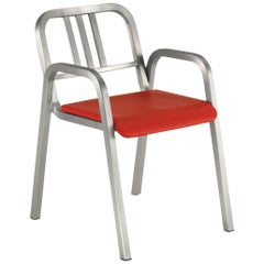 Emeco Nine-0 Armchair in Brushed Aluminum with Red Seat by Ettore Sottsass