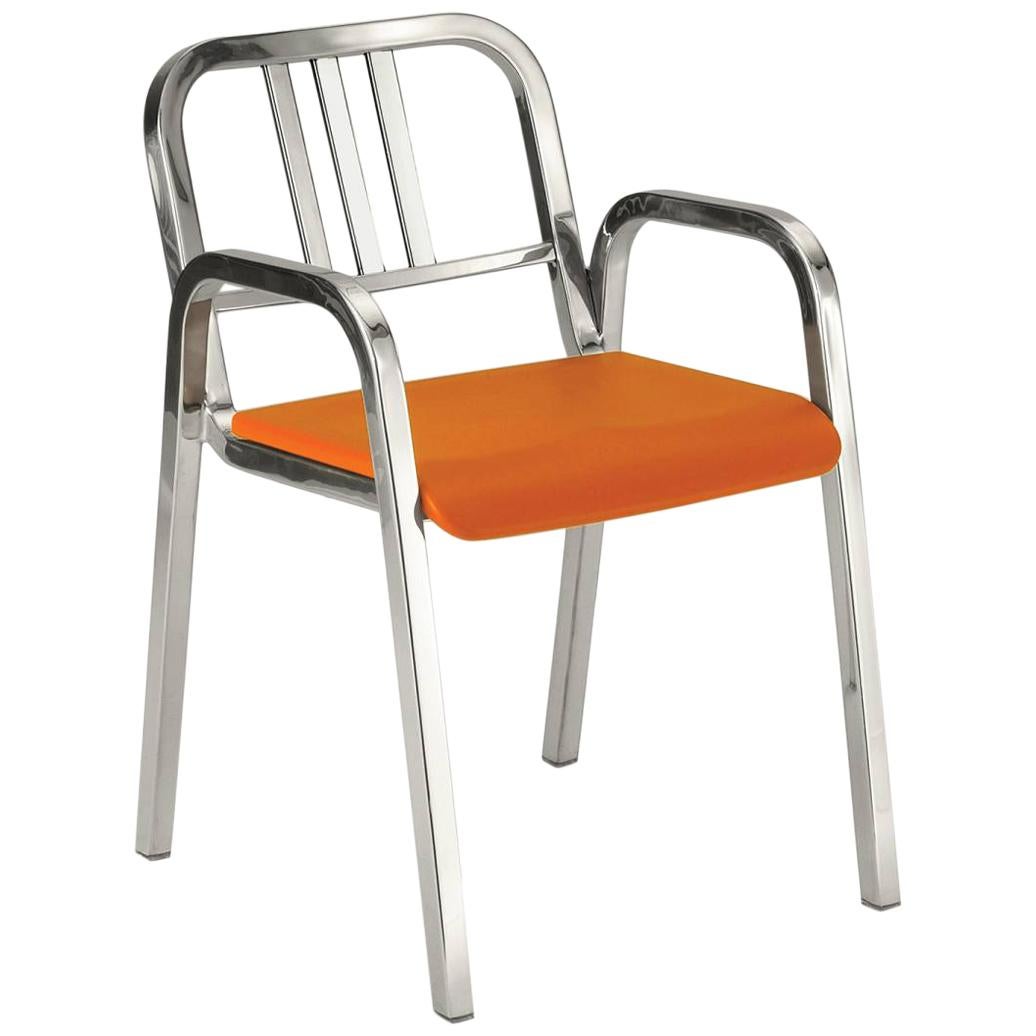Emeco Nine-0 Armchair in Polished Aluminium with Orange Seat by Ettore Sottsass