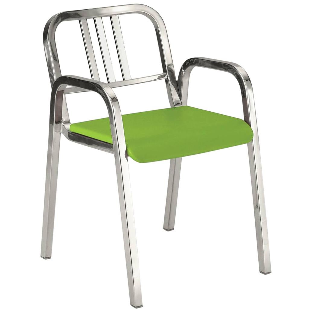 Emeco Nine-0 Armchair in Polished Aluminum with Green Seat by Ettore Sottsass