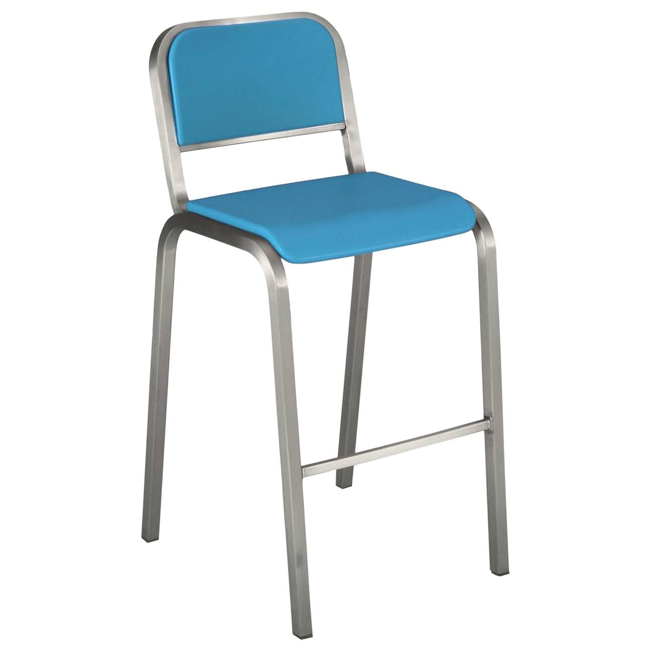 Emeco Nine-0 Barstool in Brushed Aluminum and Blue by Ettore Sottsass