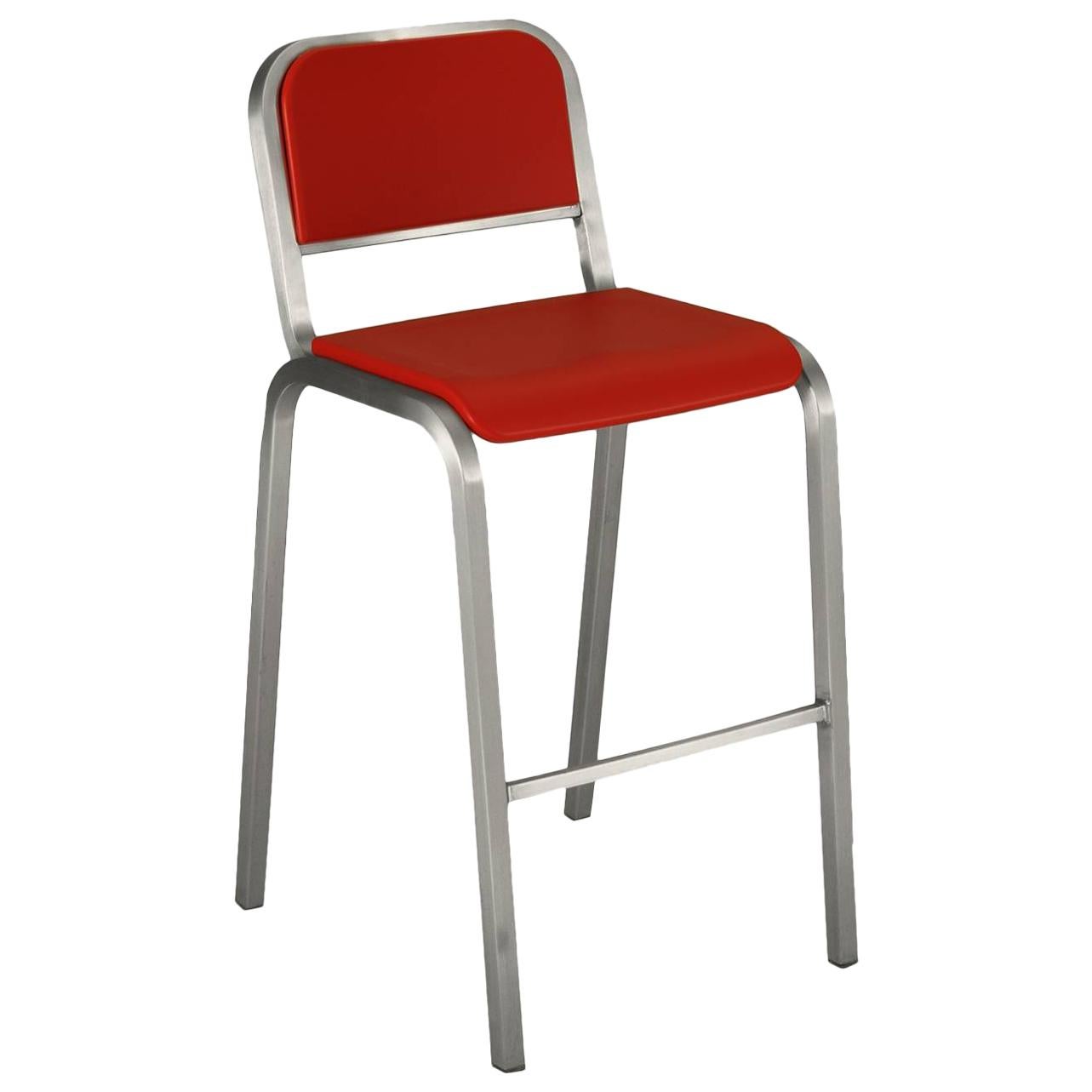 Emeco Nine-0 Barstool in Brushed Aluminum and Red by Ettore Sottsass