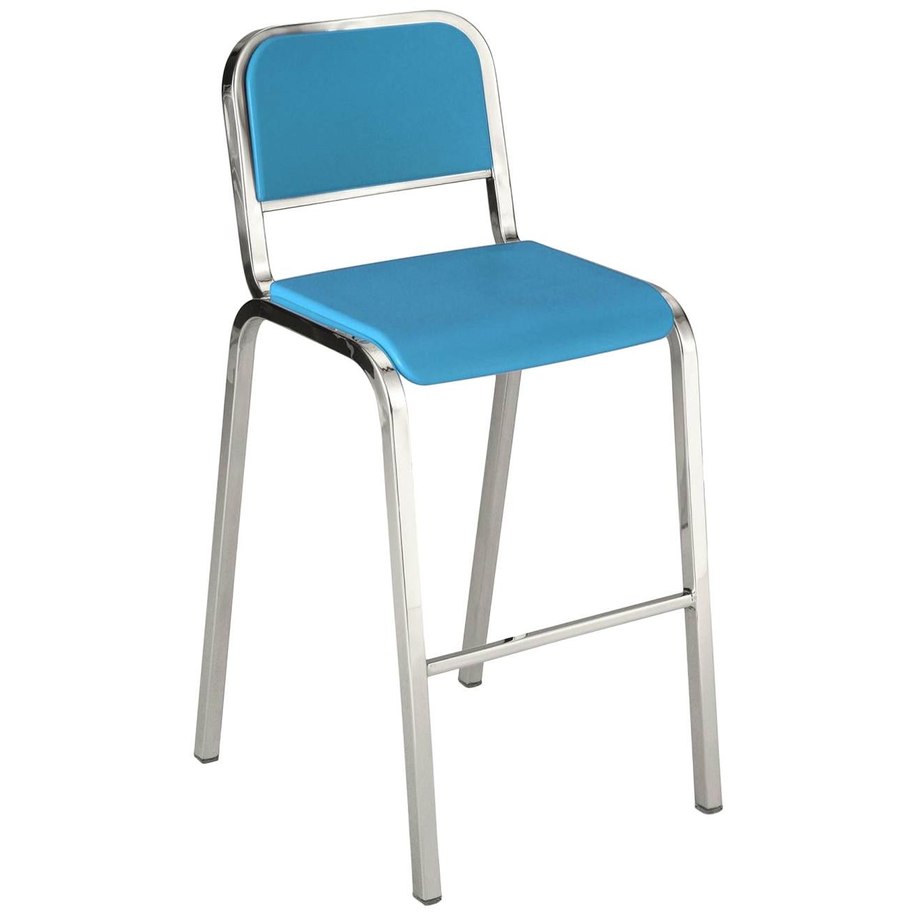 Emeco Nine-0 Barstool in Polished Aluminum and Blue by Ettore Sottsass