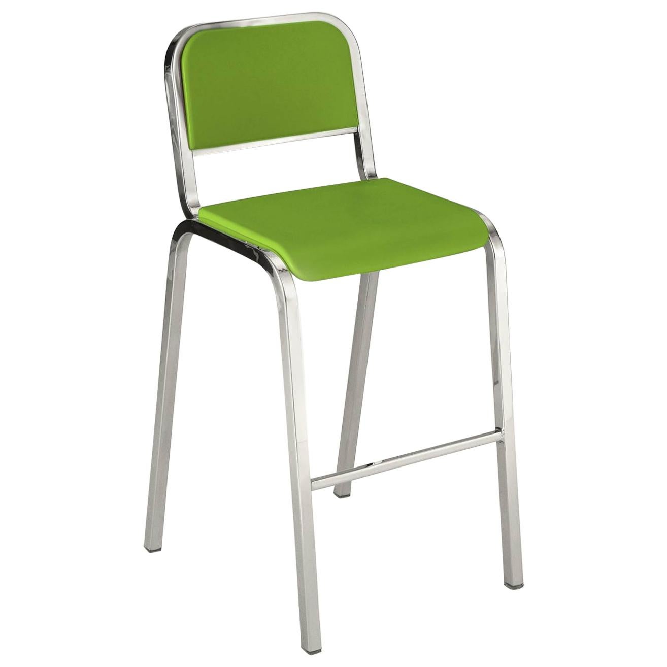 Emeco Nine-0 Barstool in Polished Aluminum and Green by Ettore Sottsass