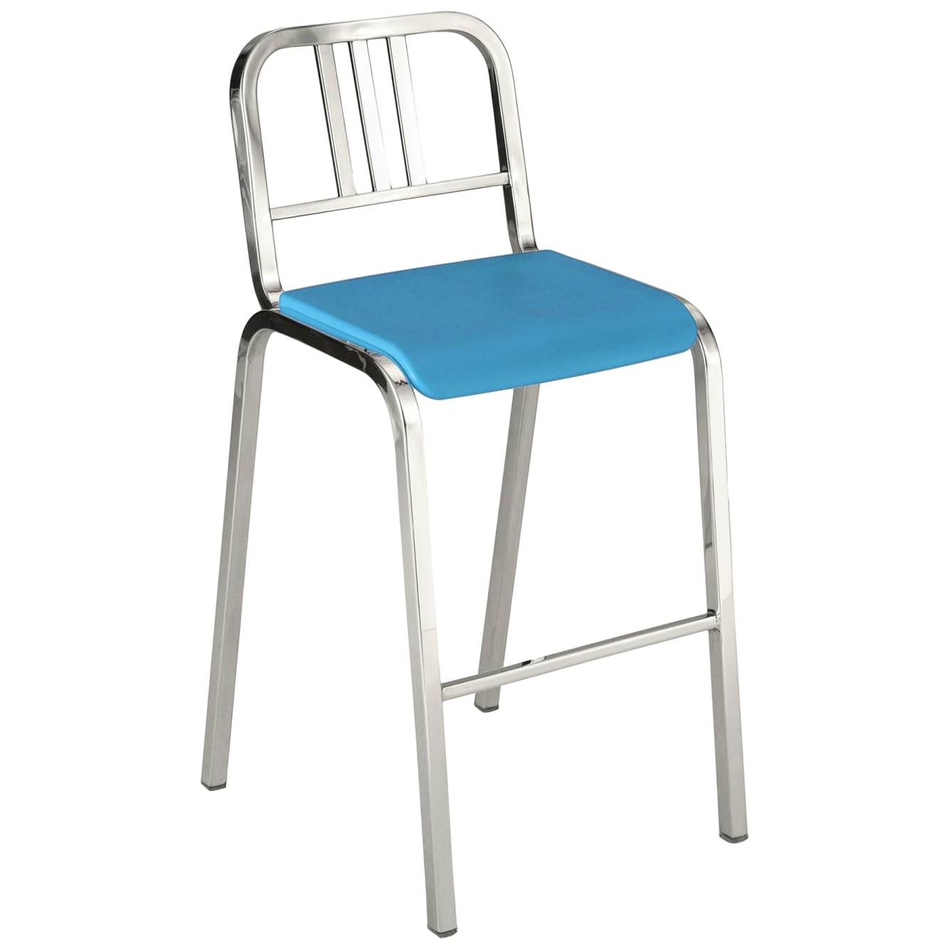 Emeco Nine-0 Barstool in Polished Aluminum with Blue Seat by Ettore Sottsass