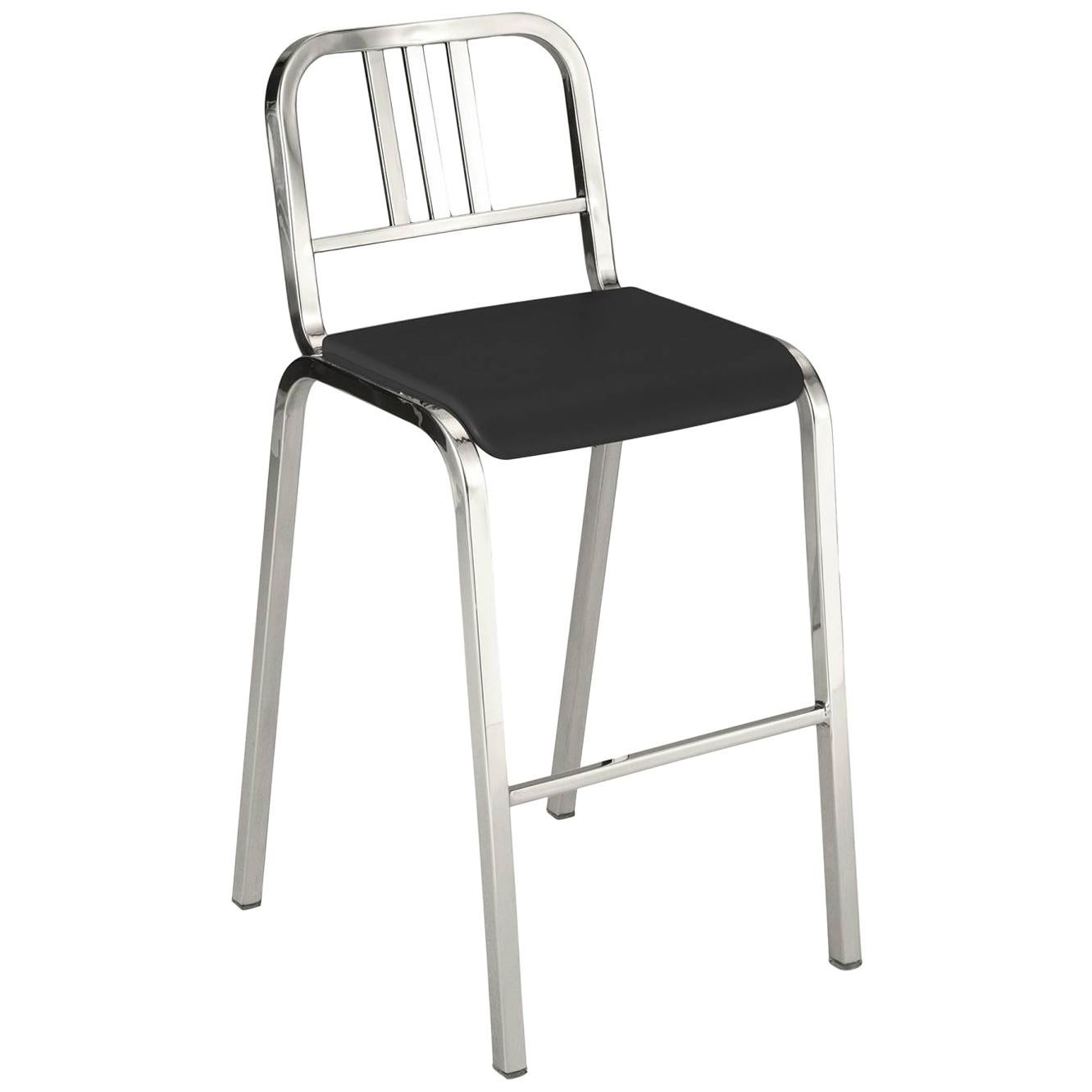 Emeco Nine-0 Barstool in Polished Aluminum with Gray Seat by Ettore Sottsass