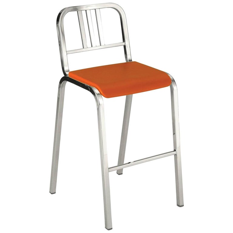 Emeco Nine-0 Barstool in Polished Aluminum with Orange Seat by Ettore Sottsass